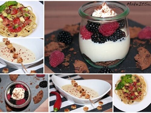 Verschiedene Nudelgerichte und Desserts mit Sahne, Beeren, Keksen und Garnierungen auf Tellern und Schalen.