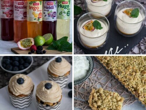 Collage aus Spitz Sirupflasche, cremigen Desserts, Cupcakes und Streuselkuchen auf einem Tisch.