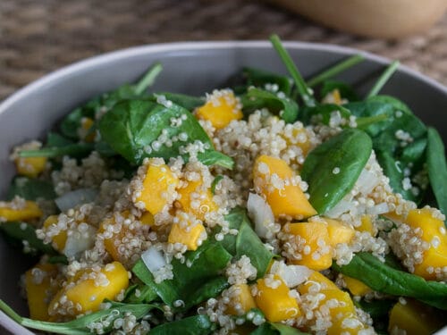 Quinoa-Salat mit Spinat, Kürbis und gehackten Zwiebeln in einer Schüssel.
