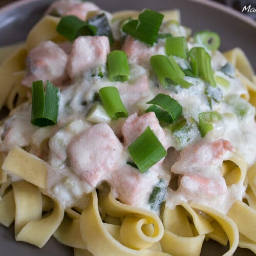 Lachs-Nudeln mit Frühlingszwiebeln 3 Nudeln mit cremiger Lachssauce und Frühlingszwiebeln auf einem grauen Teller.