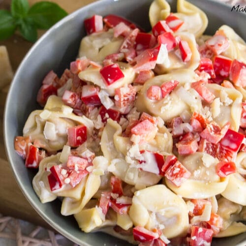 Tortellini-Salat mit Paprika, Parmesan und Joghurt-Dressing, serviert mit extra Käse und Basilikum auf der Seite.