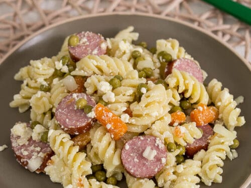 Ein brauner Teller mit Nudelsalat, geschnittener Cabanossi, Erbsen, Karotten und zerbröckeltem Feta.