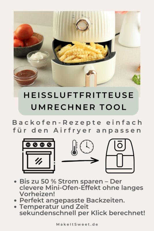 Wellenschnitt-Pommes in einer cremefarbenen Heißluftfritteuse. Grafik für ackofen-Rezepte für die Heißluftfritteuse umrechnen